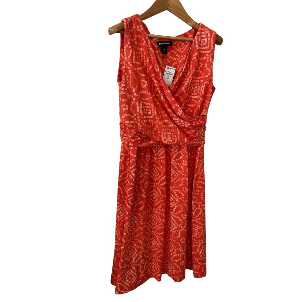Lands End Womens Coral Fusion Shibori Geo Wrap Dress Sleeveless Size S 6-8 New